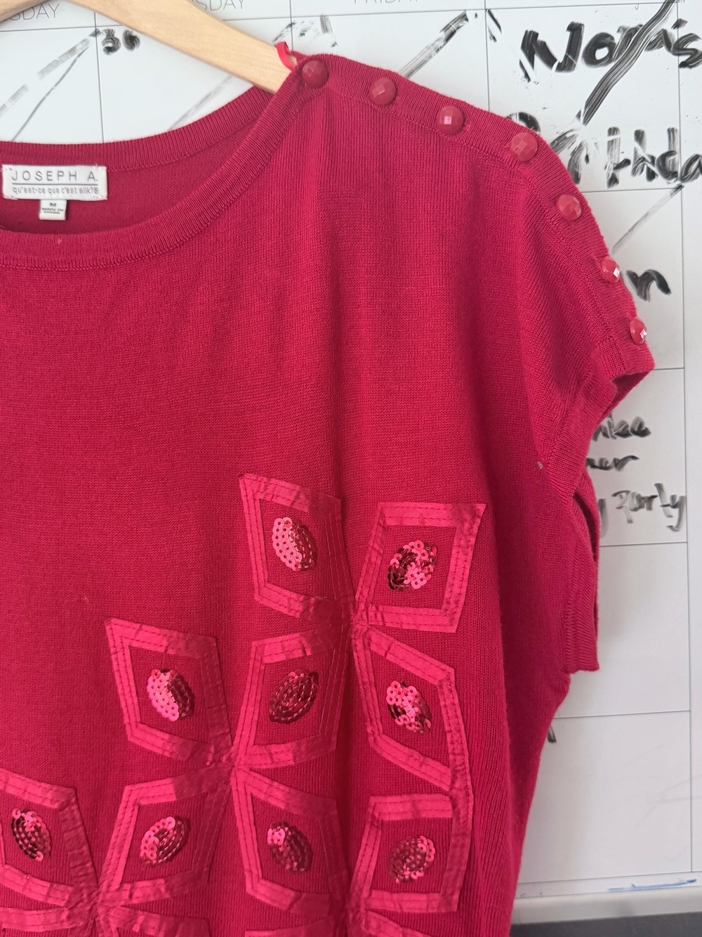 Joseph A Pink-Red Short Sleeve Sequin Pocket Knit Top